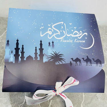 Ramadan Kareem Gift Basket with Prayer Mat, Nuts, Dates and Bakhor
